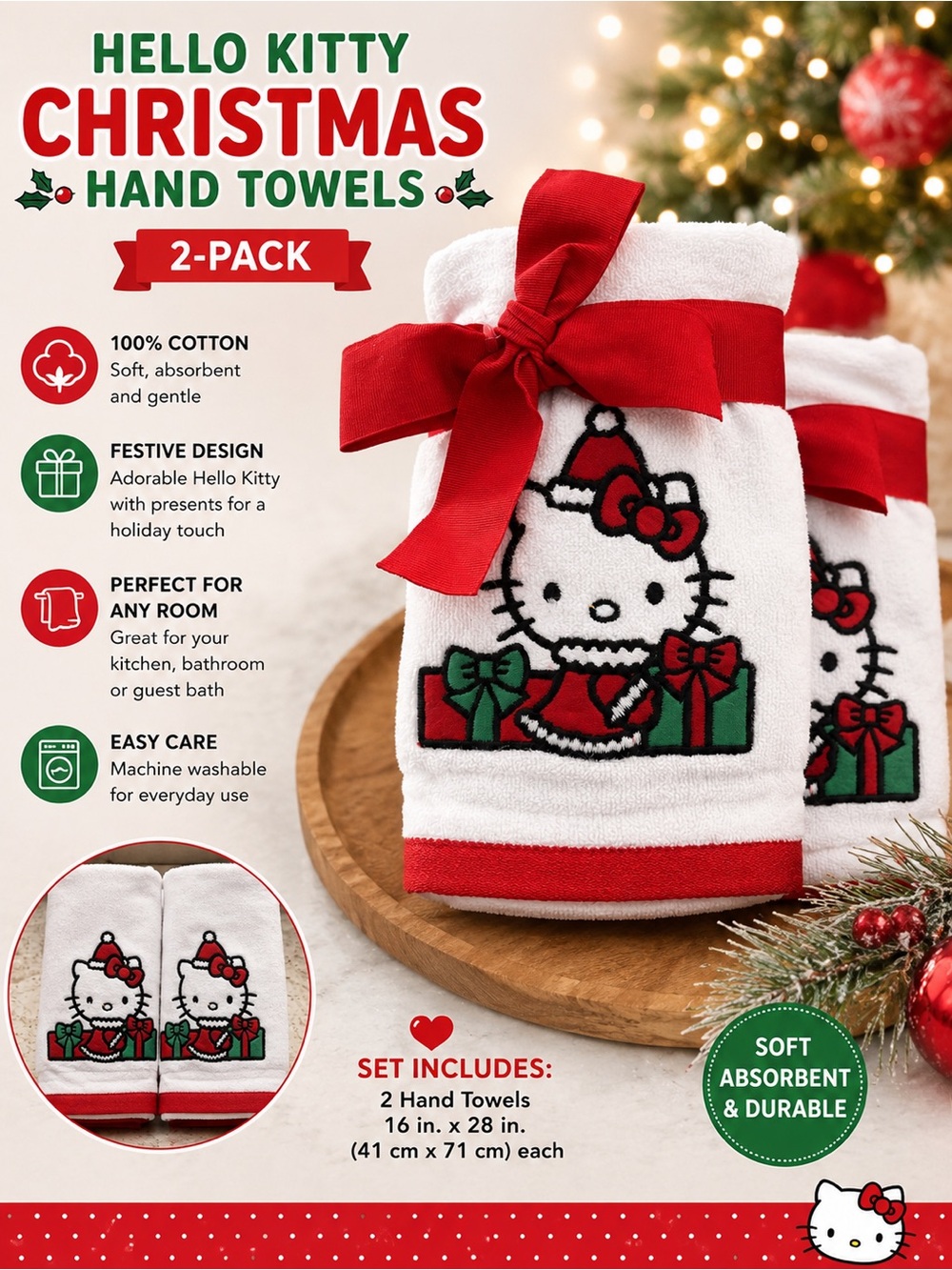 Hello Kitty White Hand Towels with Red & Green Holiday Accents